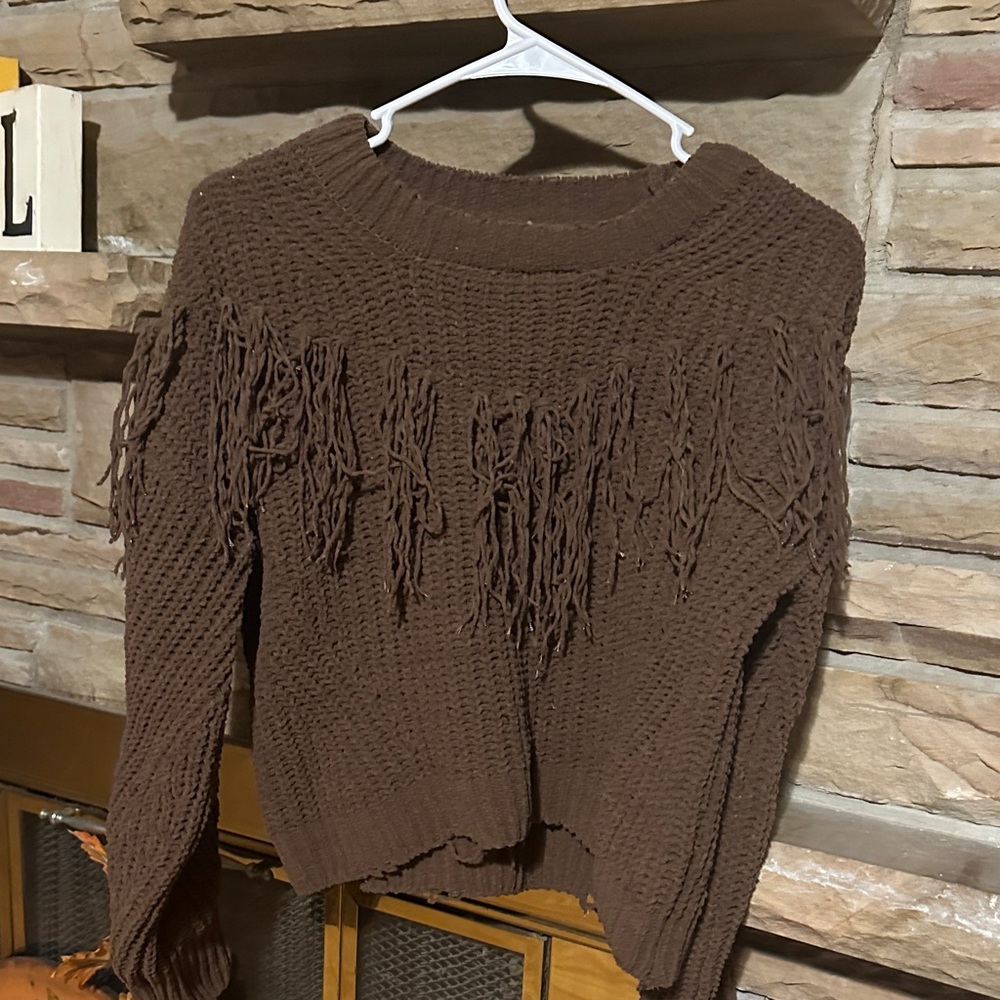 Pink Rose Chocolate Fringe Sweater